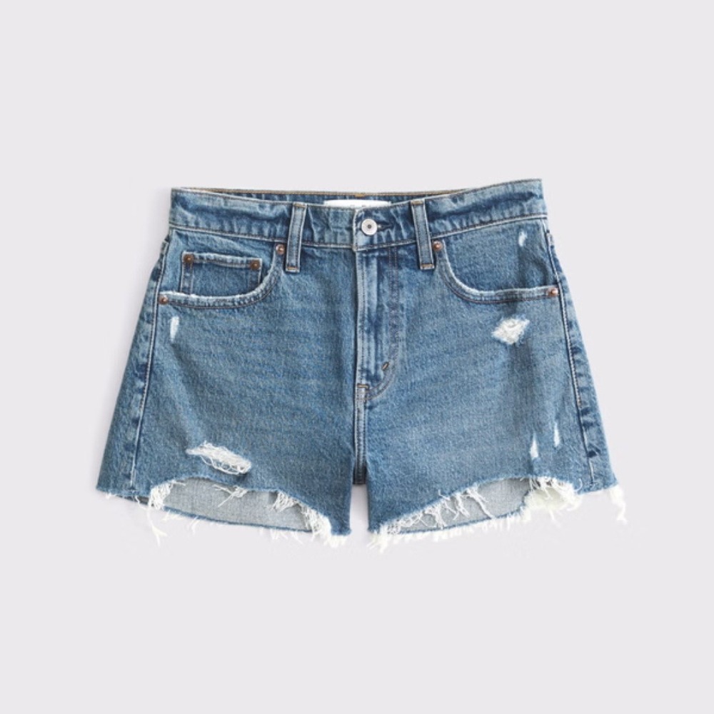 Abercrombie | The 4" Mom High Rise‎ Distressed Denim Shorts in Blue